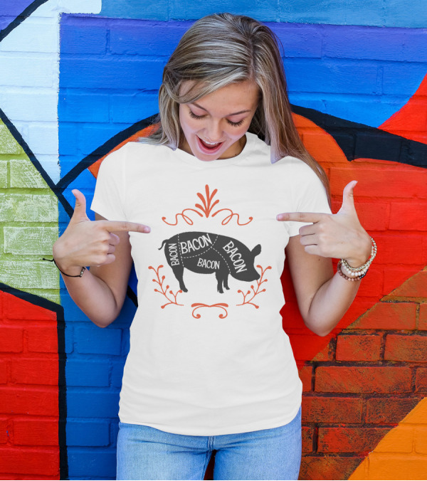 Bacon Pig Silhouette With Decorative Red Swirls And Flourishes T-Shirt