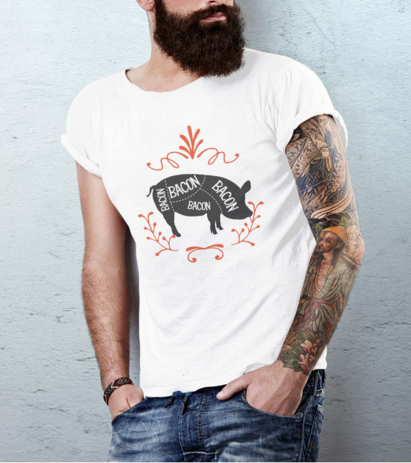 Bacon Pig Silhouette With Decorative Red Swirls And Flourishes T-Shirt