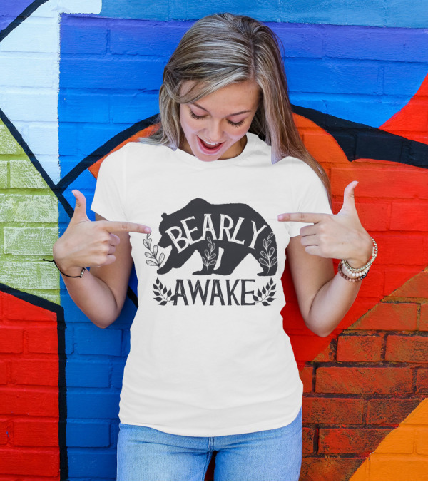 Bearly Awake Bear Silhouette With Leaves And Cup T-Shirt
