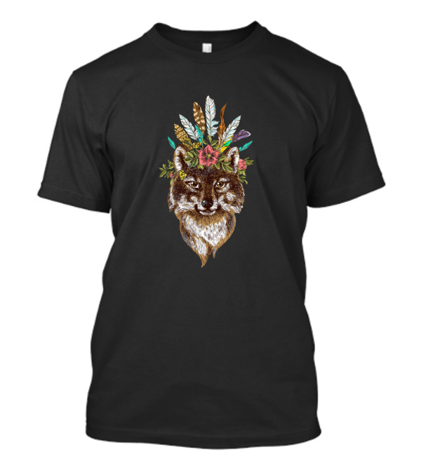 Bohemian Wolf Wild And Free Feathered Floral Headdress T-Shirt