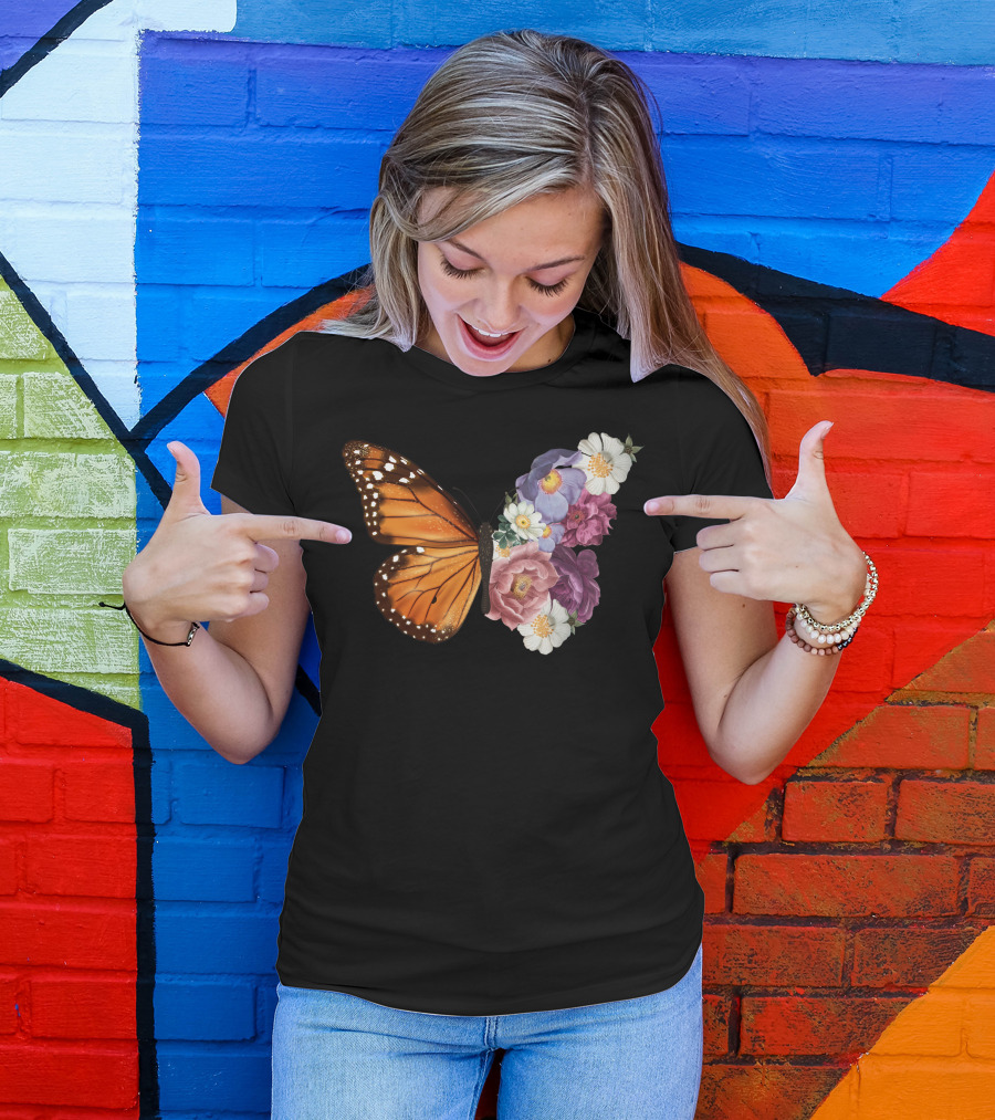 Butterfly Half Wings Flowers Harmony T-Shirt