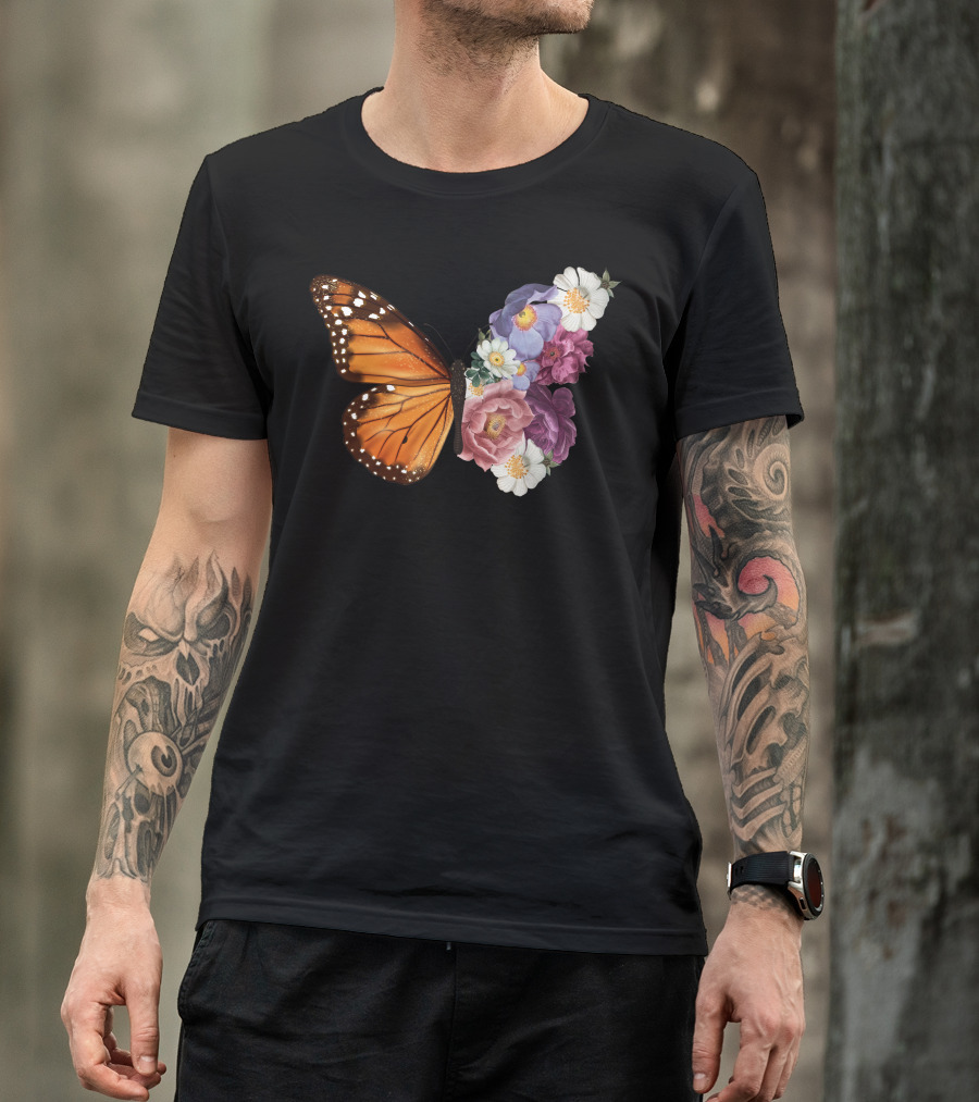 Butterfly Half Wings Flowers Harmony T-Shirt