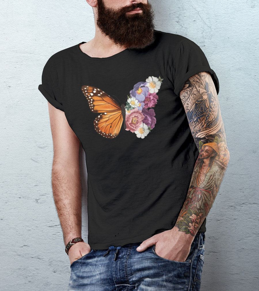 Butterfly Half Wings Flowers Harmony T-Shirt