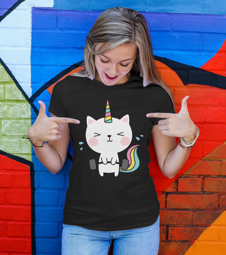 Cat Unicorn Gym Workout Rainbow Caticorn Lifting Weights T-Shirt