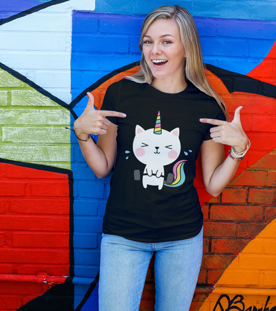 Cat Unicorn Gym Workout Rainbow Caticorn Lifting Weights T-Shirt