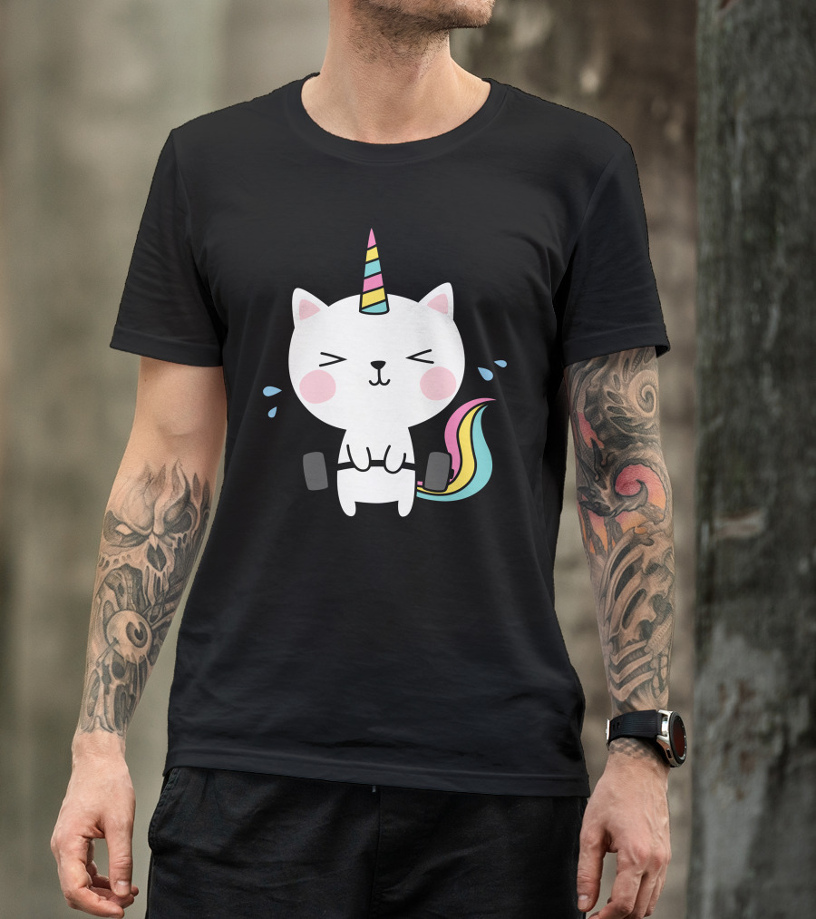 Cat Unicorn Gym Workout Rainbow Caticorn Lifting Weights T-Shirt