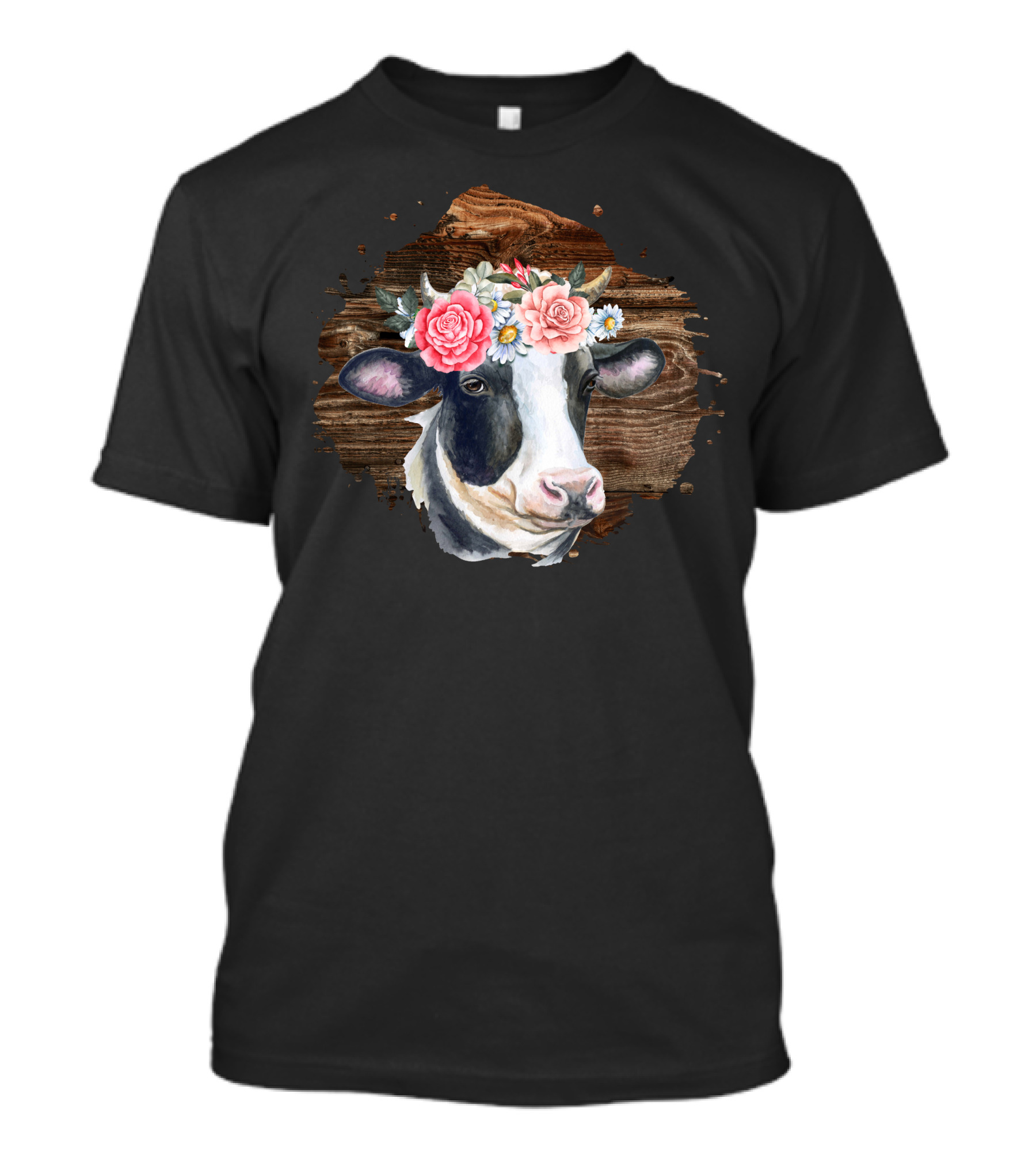 Cow Girl Floral Crown On Rustic Wood Background T-Shirt