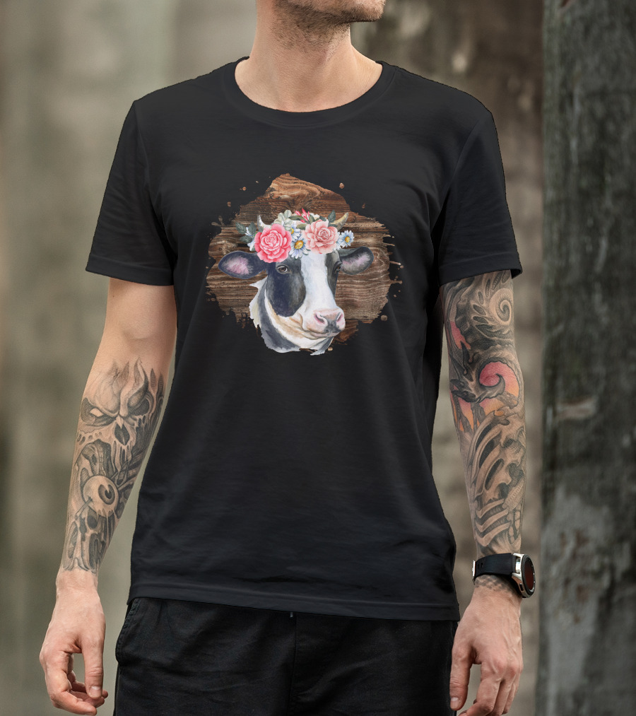 Cow Girl Floral Crown On Rustic Wood Background T-Shirt
