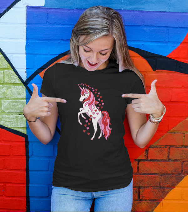 Cute Valentine Unicorn With Hearts T-Shirt