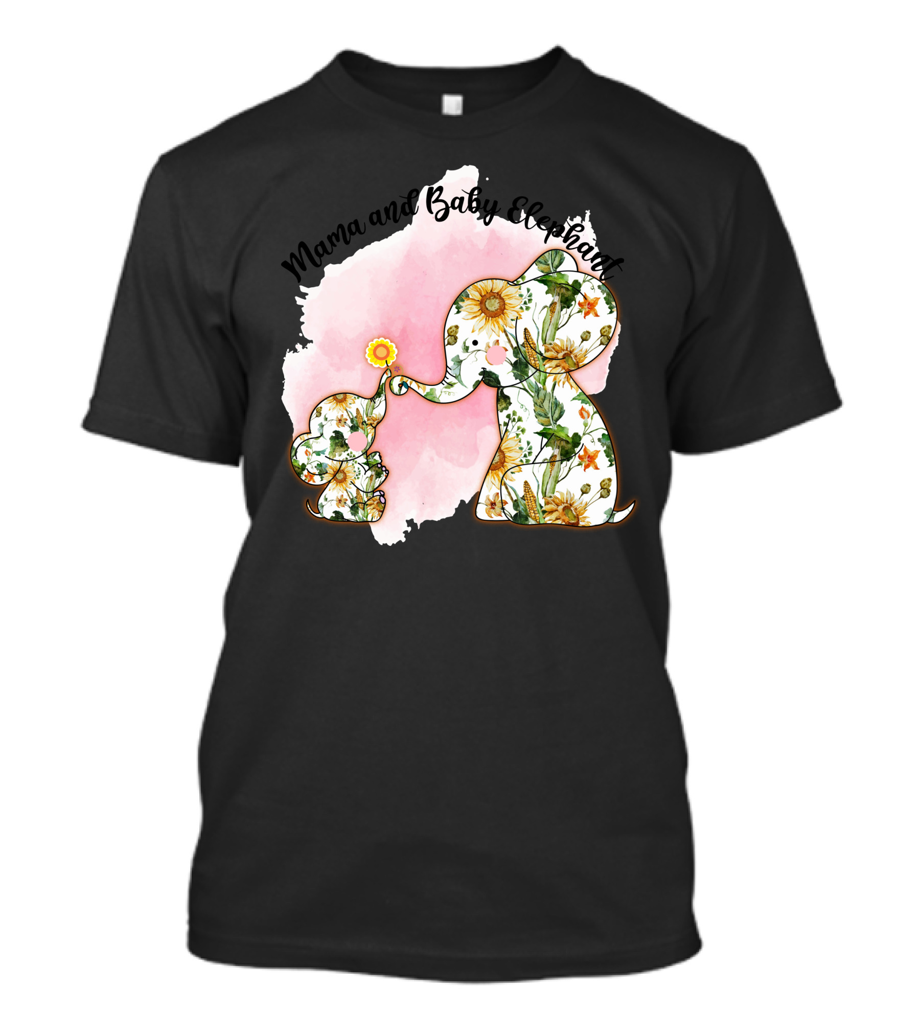 Mama And Baby Elephant Floral Pattern Pink Watercolor Background T-Shirt