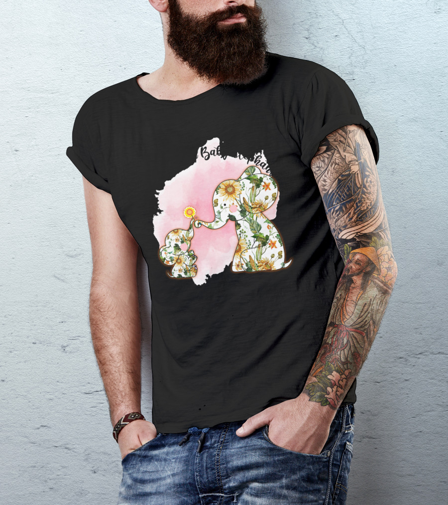Mama And Baby Elephant Floral Pattern Pink Watercolor Background T-Shirt