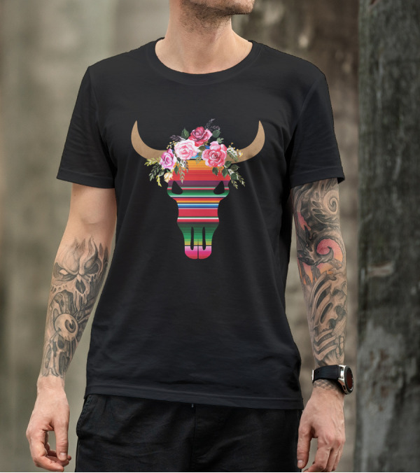 Serape Striped Bull Skull With Floral Crown T-Shirt