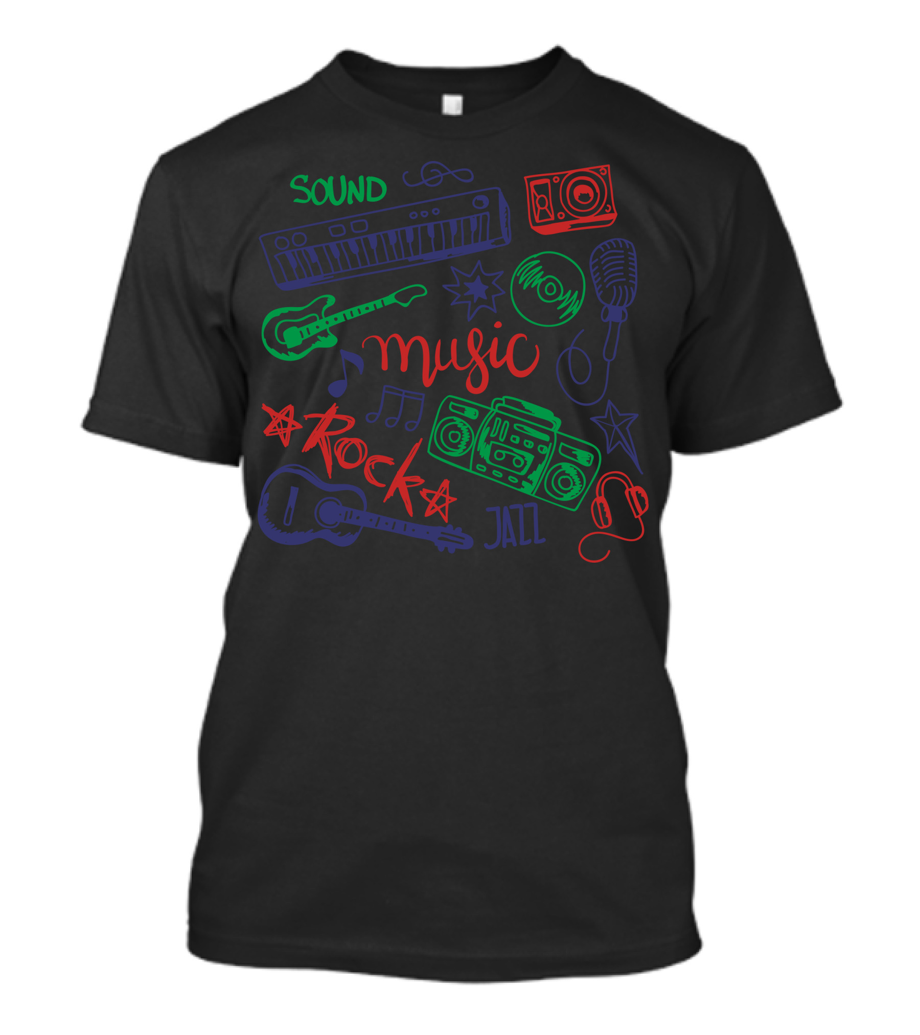 Sound Music Rock Jazz Keyboard Guitar Microphone Headphones Boombox T-Shirt