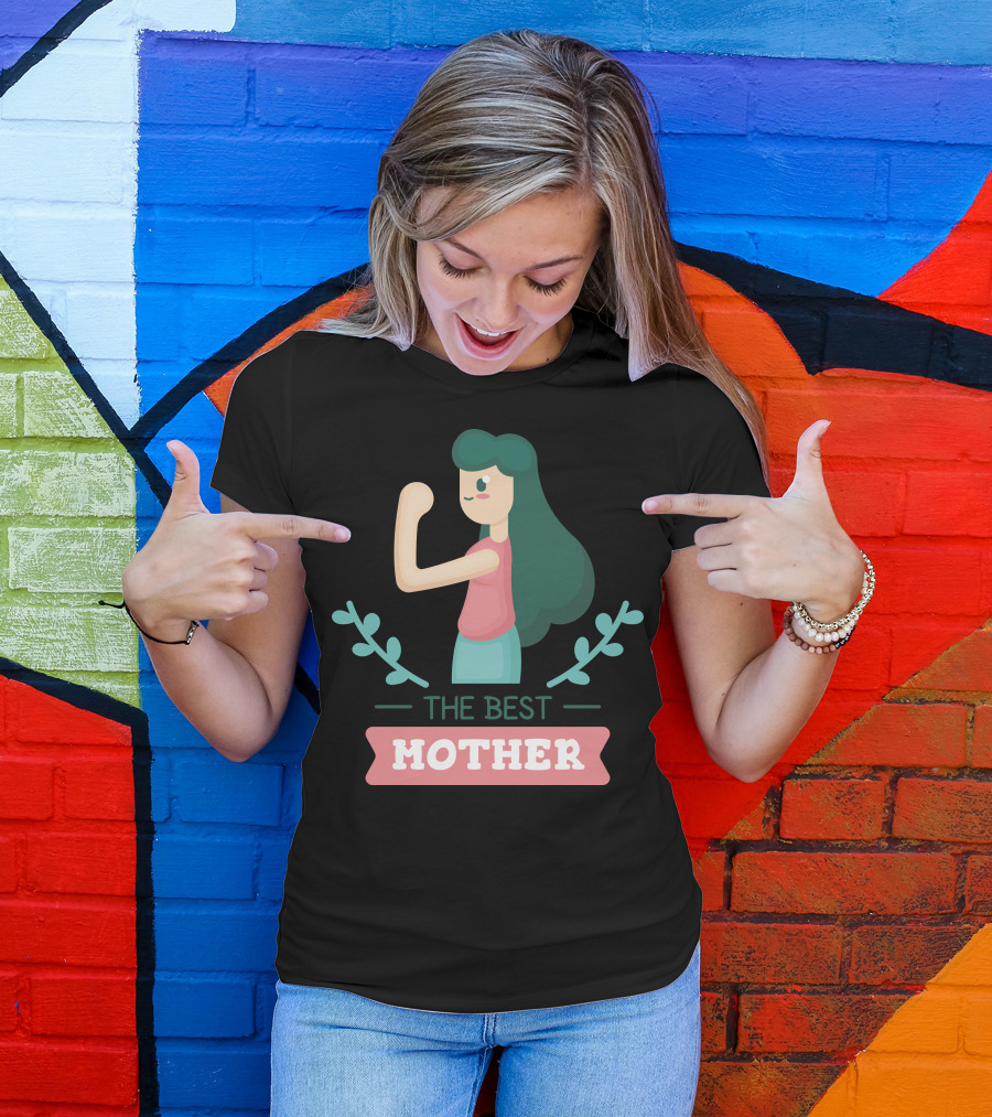 THE BEST MOTHER Empowered Woman With Flexing Arm And Floral Elements T-Shirt