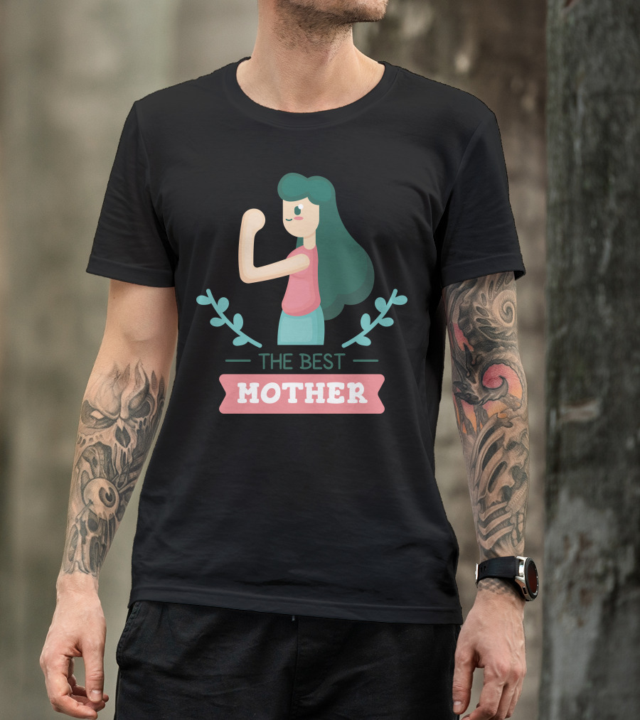 THE BEST MOTHER Empowered Woman With Flexing Arm And Floral Elements T-Shirt