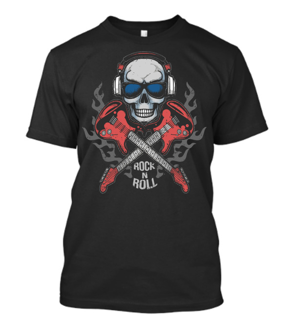 Skull Headphone Flames Rock N Roll Electric Guitars T-Shirt