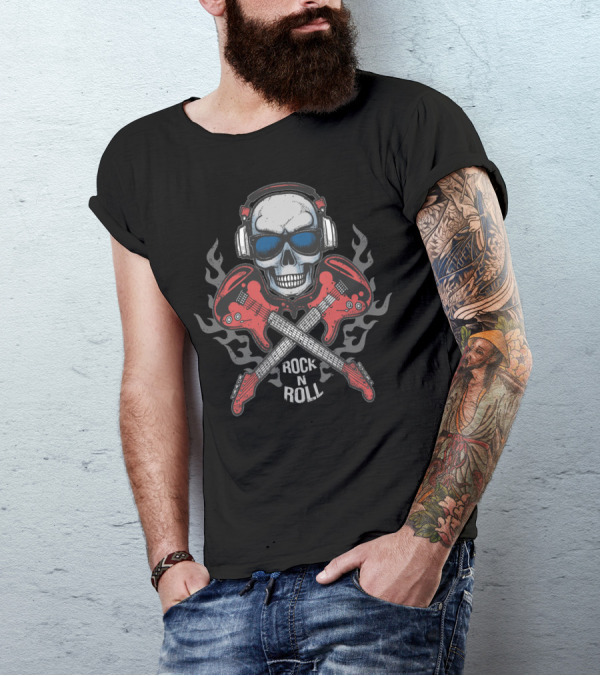 Skull Headphone Flames Rock N Roll Electric Guitars T-Shirt