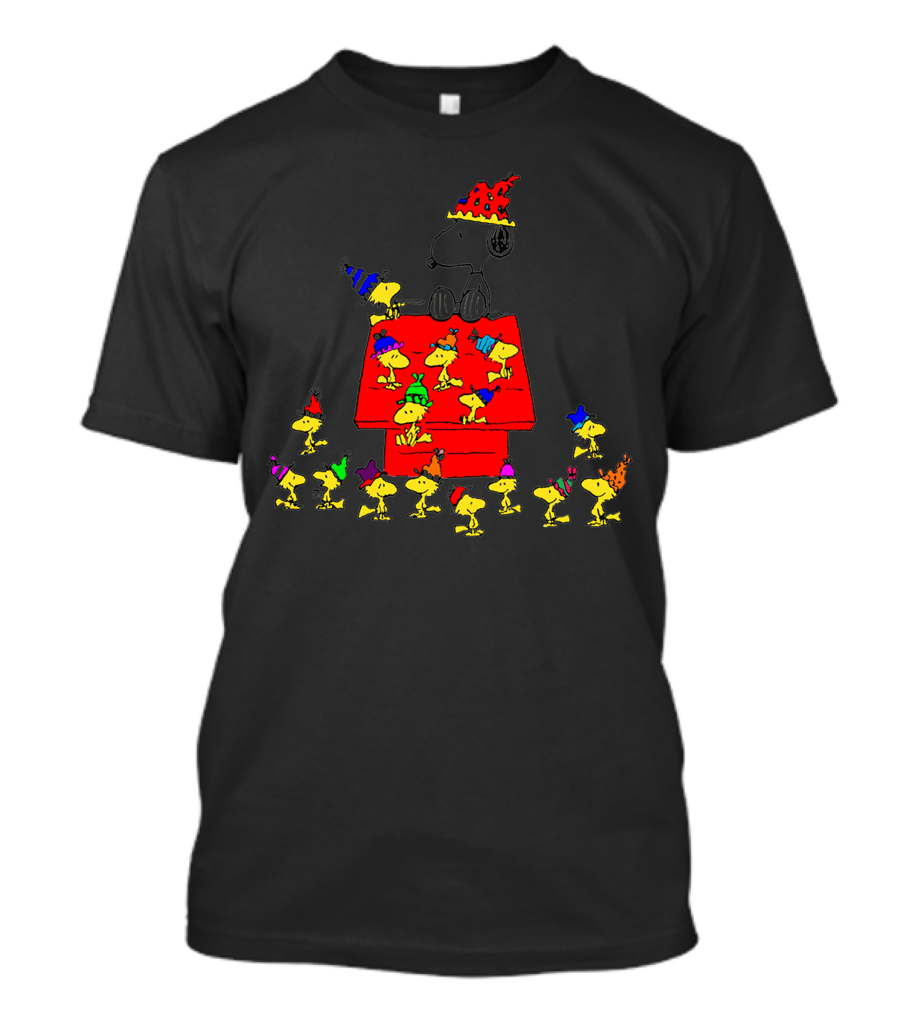 Snoopy And Woodstock Birthday Party Celebration On Doghouse With Party Hats T-Shirt