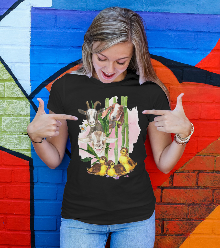 Cute Goats And Ducklings Among Bamboo And Daisies T-Shirt