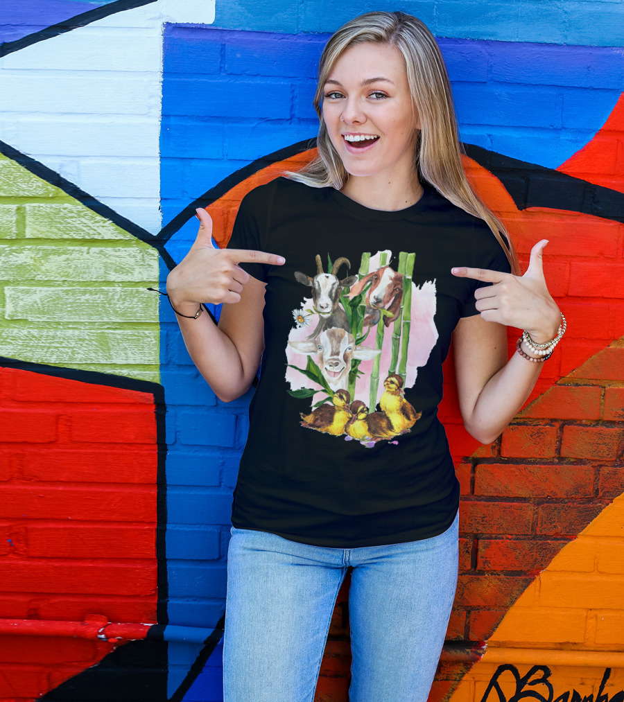 Cute Goats And Ducklings Among Bamboo And Daisies T-Shirt