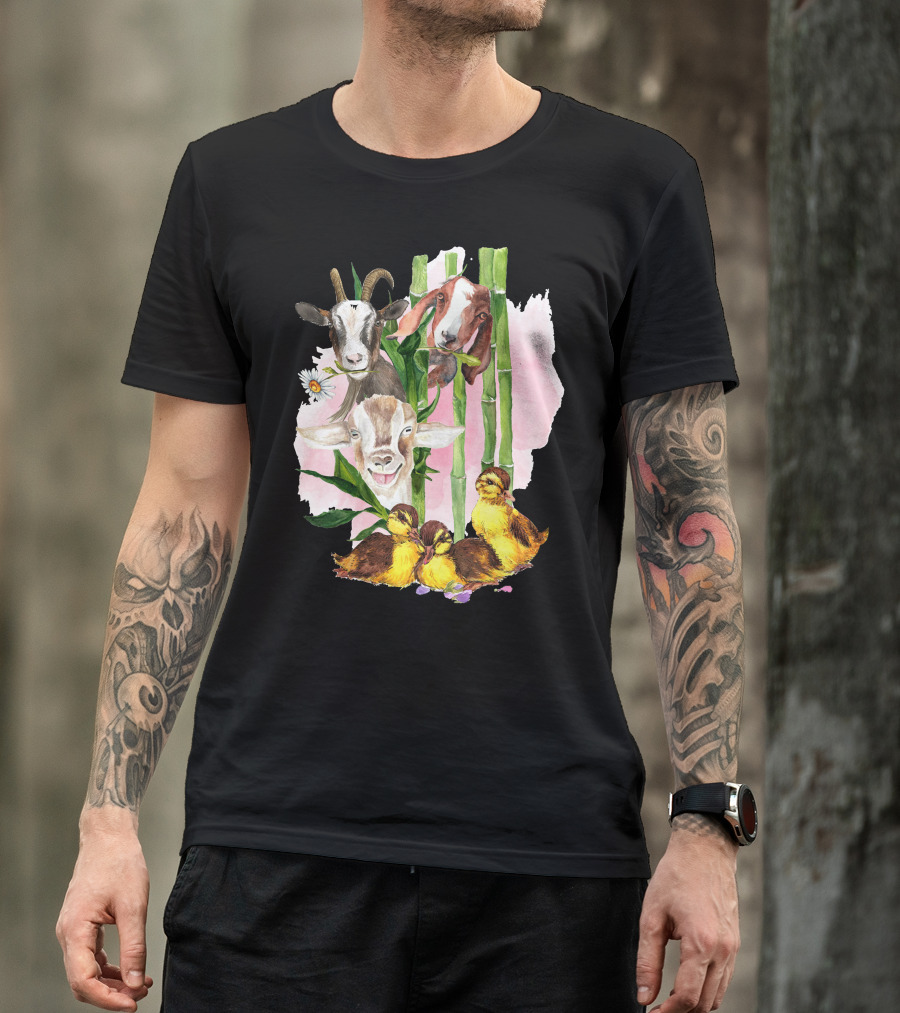 Cute Goats And Ducklings Among Bamboo And Daisies T-Shirt