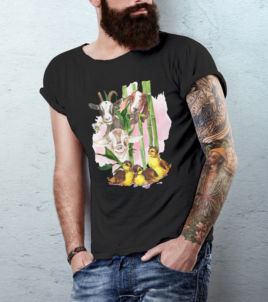 Cute Goats And Ducklings Among Bamboo And Daisies T-Shirt