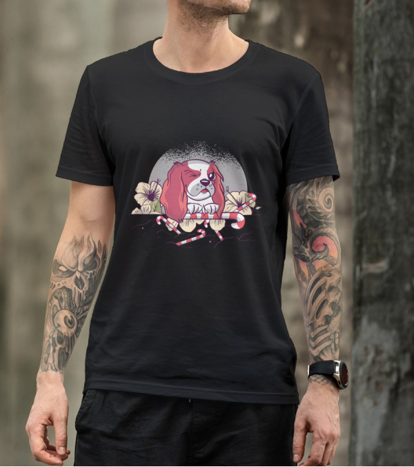 Flower Dog Winking With Candy Canes And Moonflower Blossoms T-Shirt