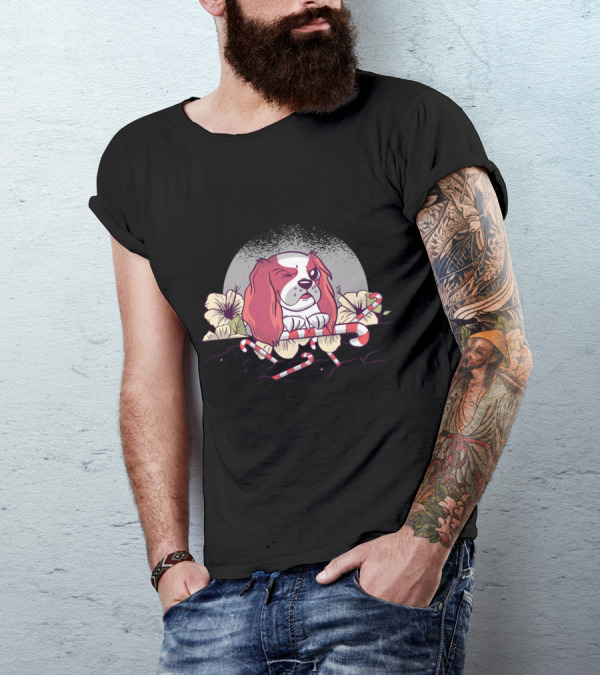 Flower Dog Winking With Candy Canes And Moonflower Blossoms T-Shirt