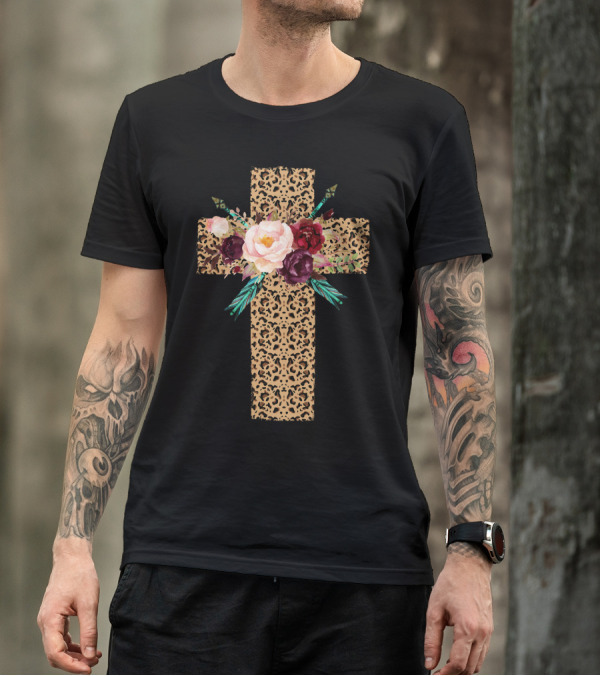 Leopard Cross Floral Pattern Blossoms T-Shirt