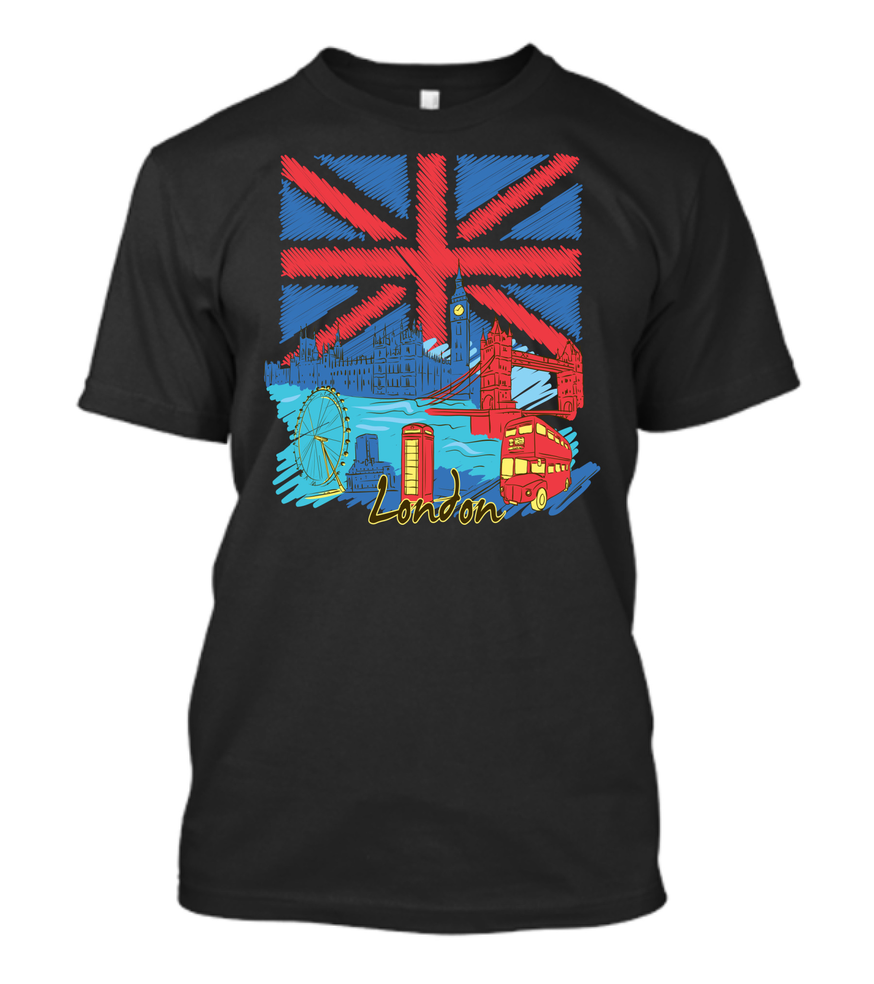 London Union Jack Big Ben Tower Bridge London Eye Iconic Telephone Bus T-Shirt
