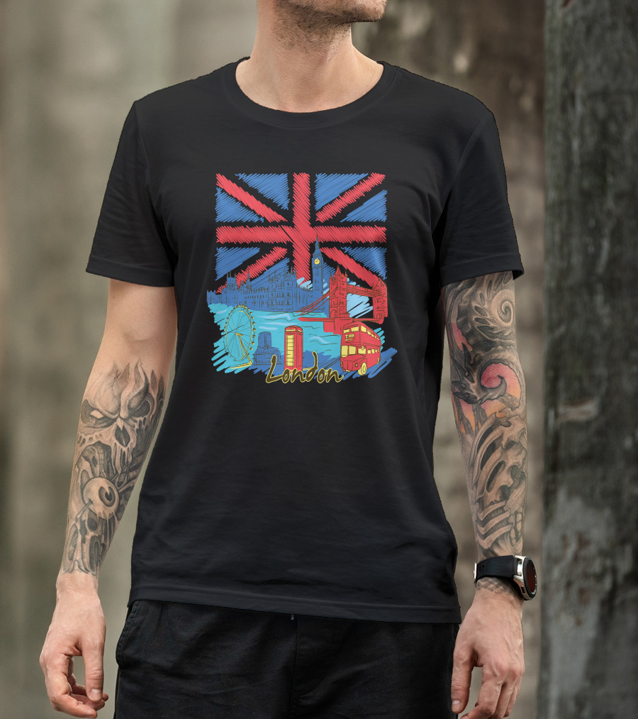 London Union Jack Big Ben Tower Bridge London Eye Iconic Telephone Bus T-Shirt