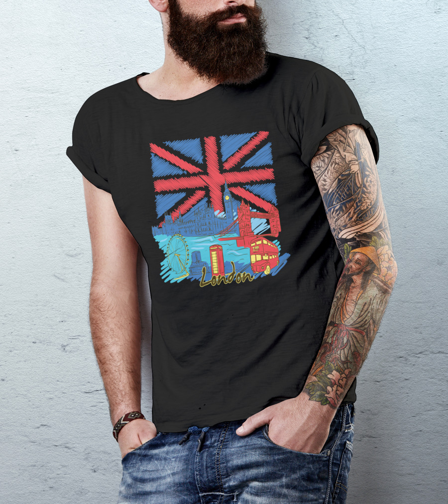 London Union Jack Big Ben Tower Bridge London Eye Iconic Telephone Bus T-Shirt