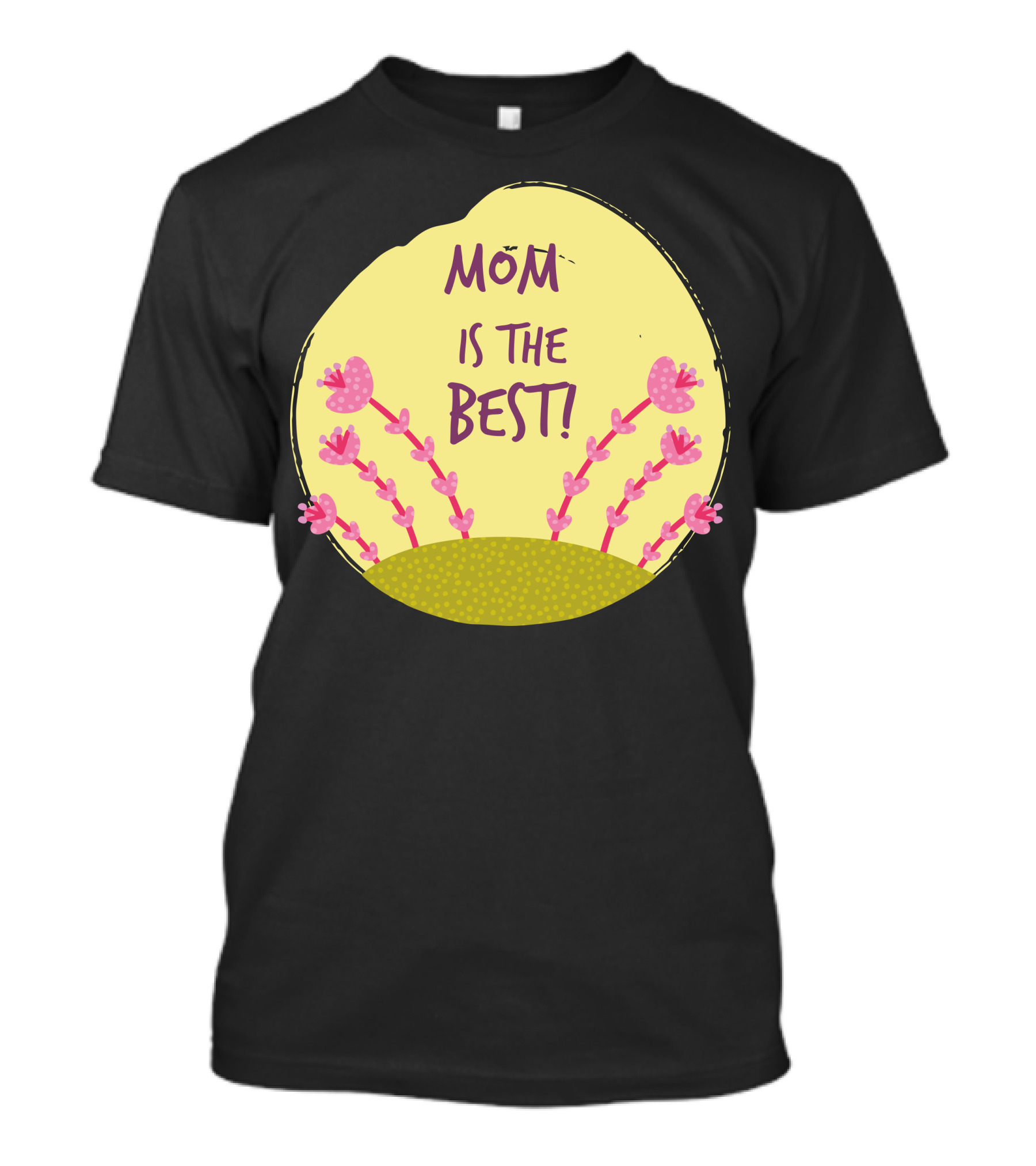 MOM IS THE BEST Pink Heart Flower Bush On Yellow Circle T-Shirt