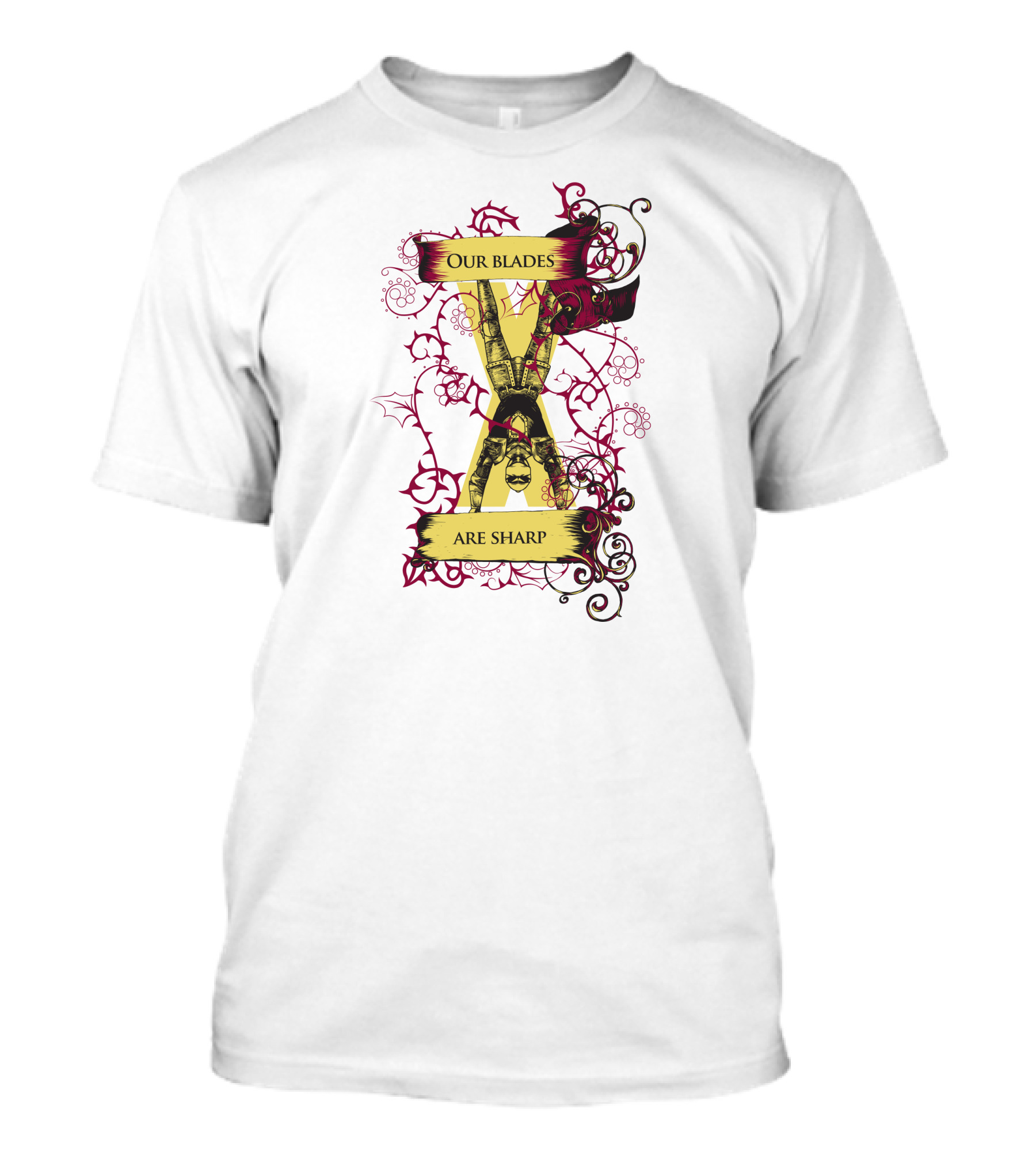 Our Blades Are Sharp Medieval Gauntlet With Ornate Red Accents T-Shirt