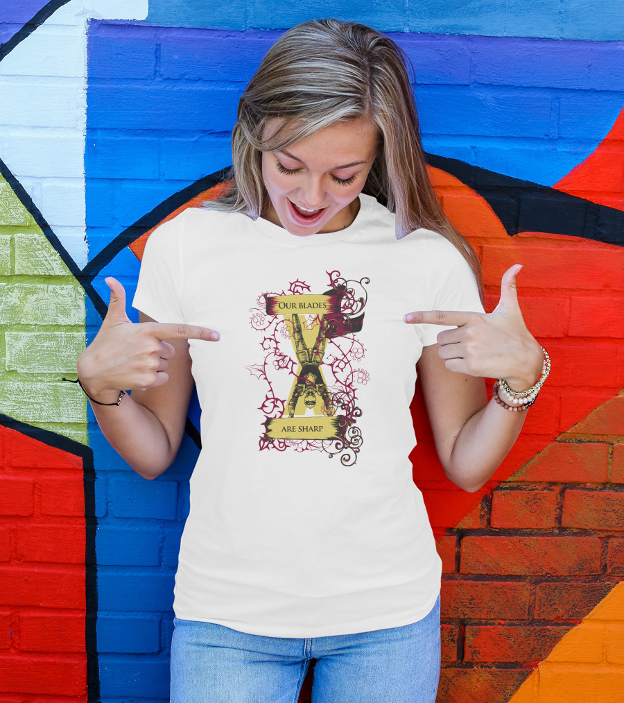 Our Blades Are Sharp Medieval Gauntlet With Ornate Red Accents T-Shirt