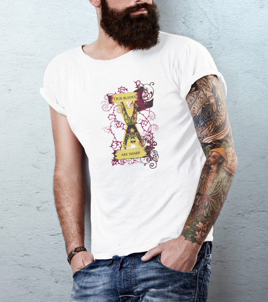 Our Blades Are Sharp Medieval Gauntlet With Ornate Red Accents T-Shirt