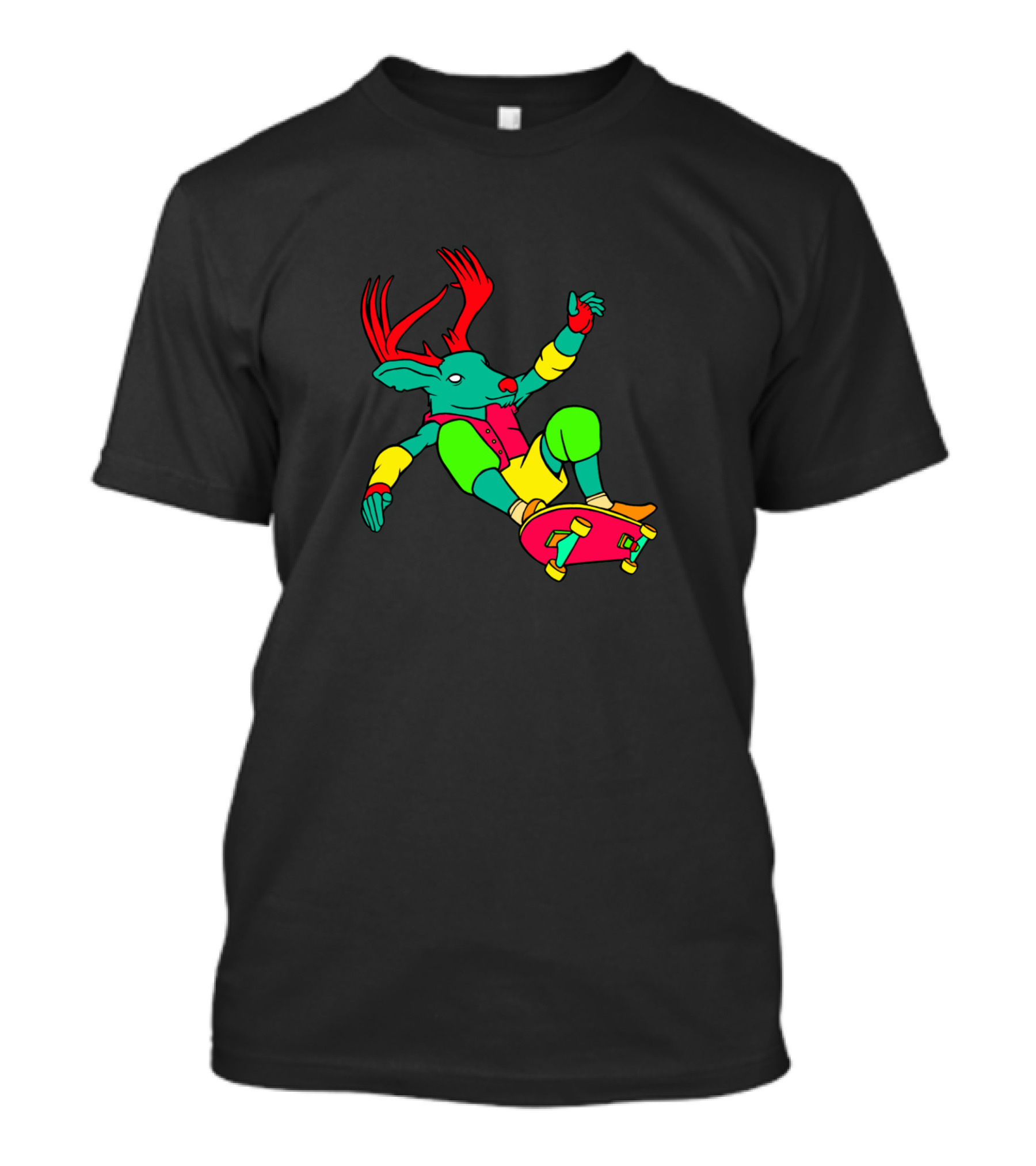 Skateboarding Neon Deer With Red Antlers And Bright T-Shirt