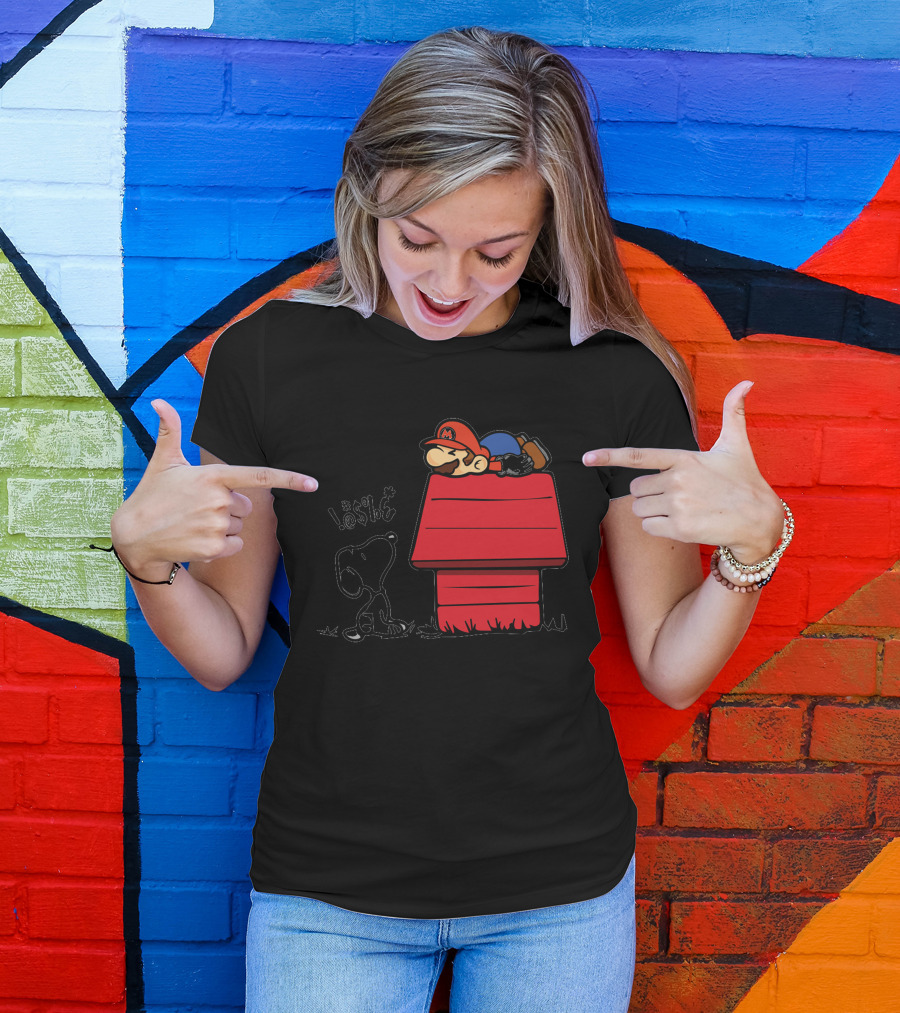 Snoopy And Lazy Mario On Doghouse With Comic Symbols T-Shirt