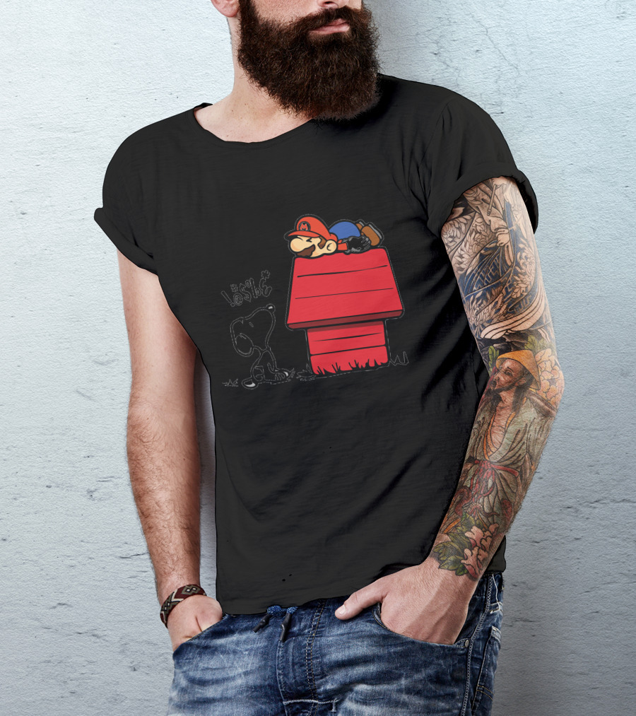 Snoopy And Lazy Mario On Doghouse With Comic Symbols T-Shirt