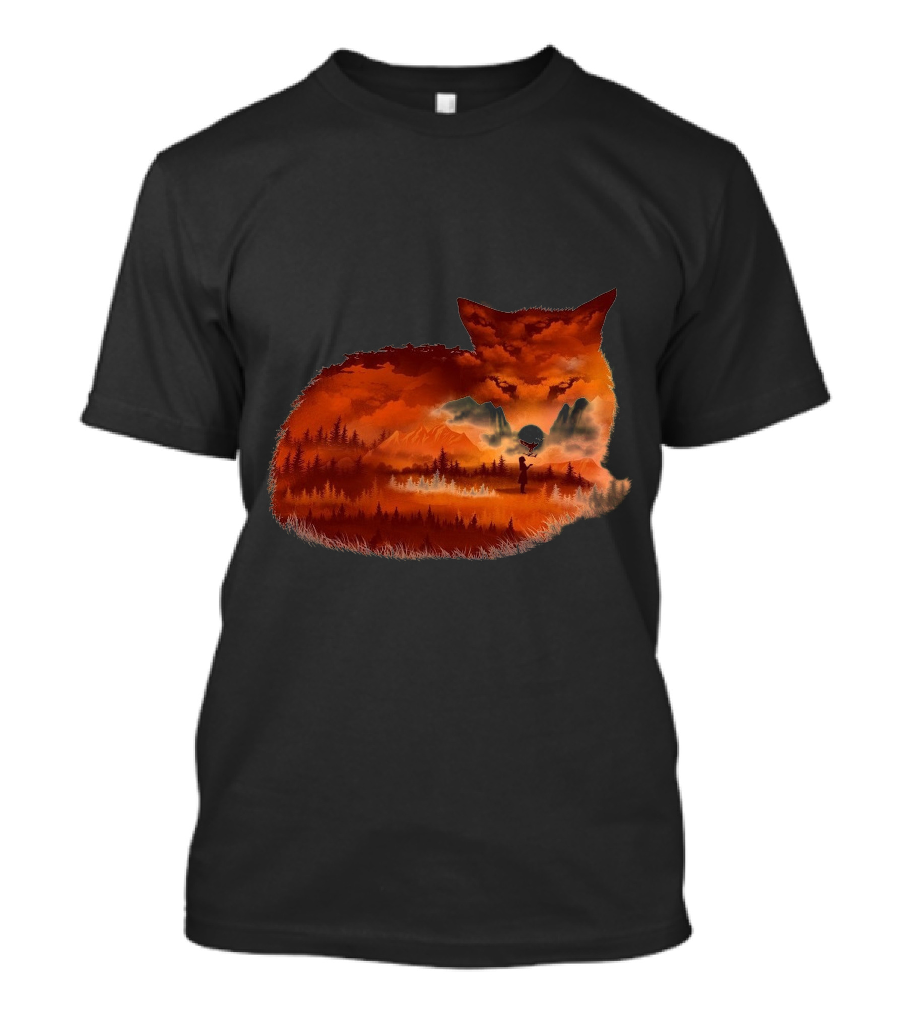 The Girl In The Red Forest Fox Silhouette Landscape T-Shirt