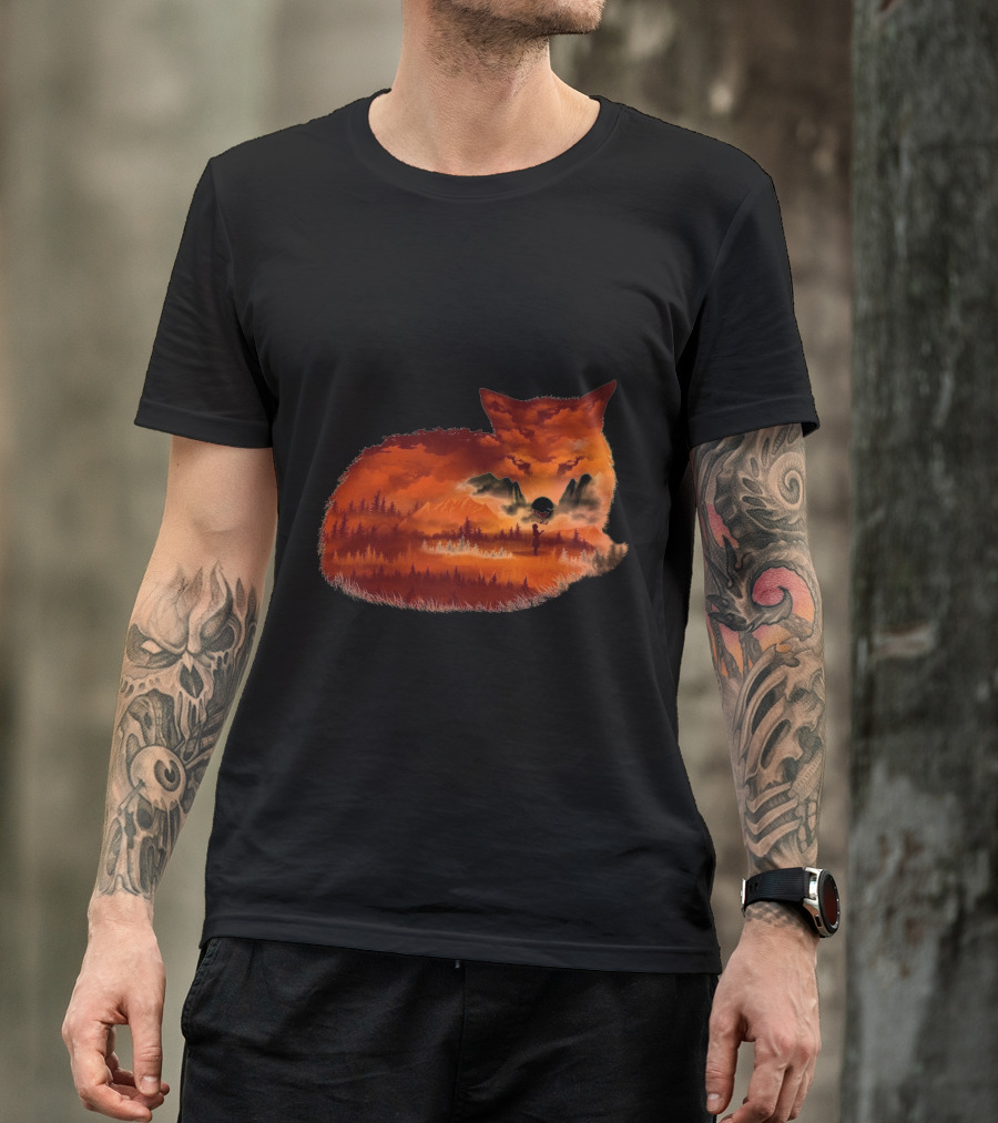 The Girl In The Red Forest Fox Silhouette Landscape T-Shirt