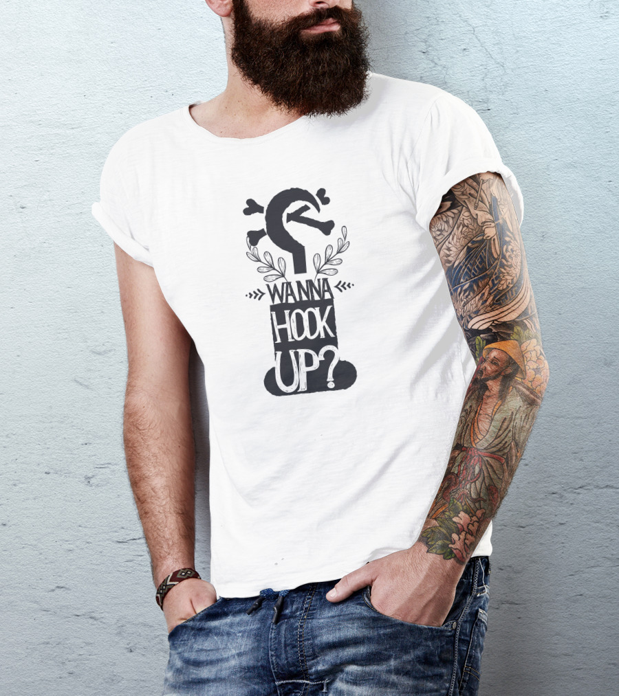Wanna Hook Up Fishing Themed Playful Pun With Fish Hook And Waves T-Shirt