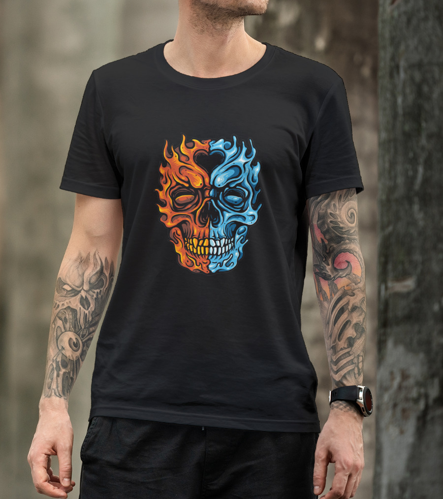 Water Fire Skull Flaming Duality T-Shirt