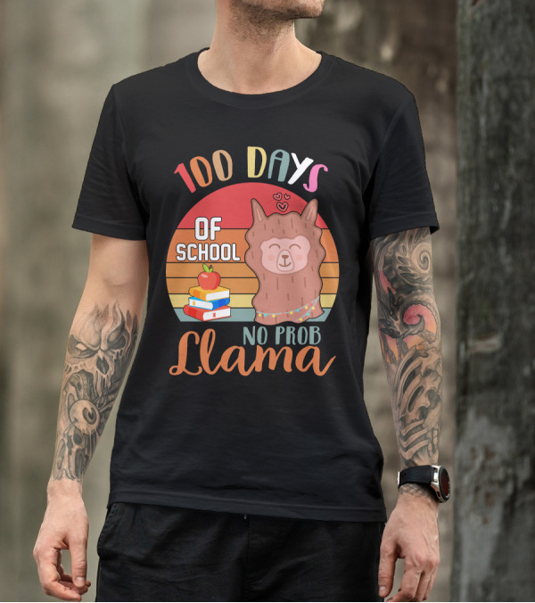 100 Days Of School No Probllama Llama Retro Style With Books And Apple T-Shirt