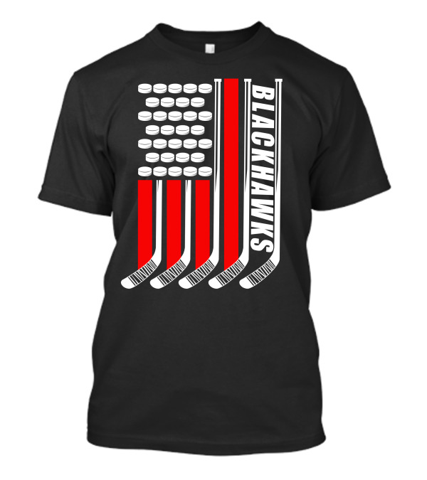 Blackhawks Hockey Sticks And Pucks Americana Flag T-Shirt