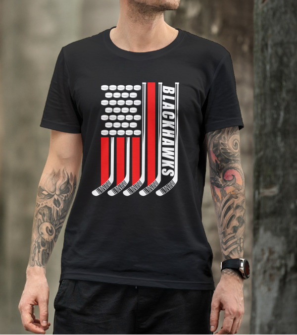 Blackhawks Hockey Sticks And Pucks Americana Flag T-Shirt