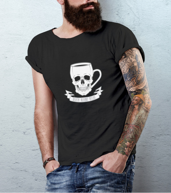 Death Before Decaf Coffee Skull Mug T-Shirt