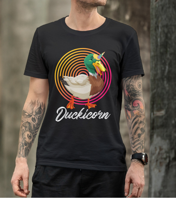 Duckicorn Mallard With Unicorn Horn And Colorful Spiral Background T-Shirt