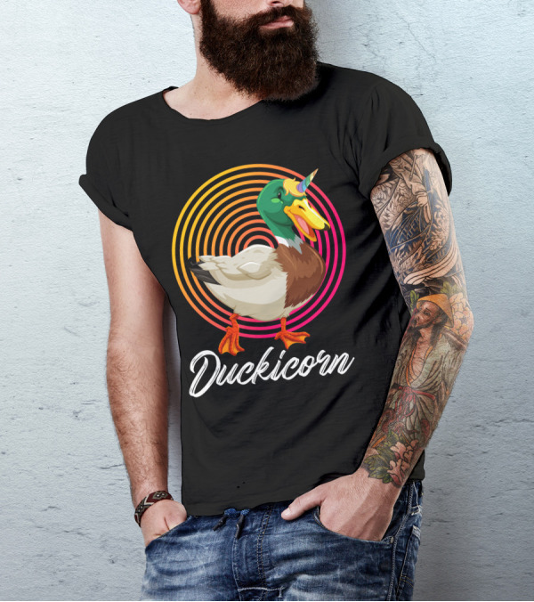 Duckicorn Mallard With Unicorn Horn And Colorful Spiral Background T-Shirt