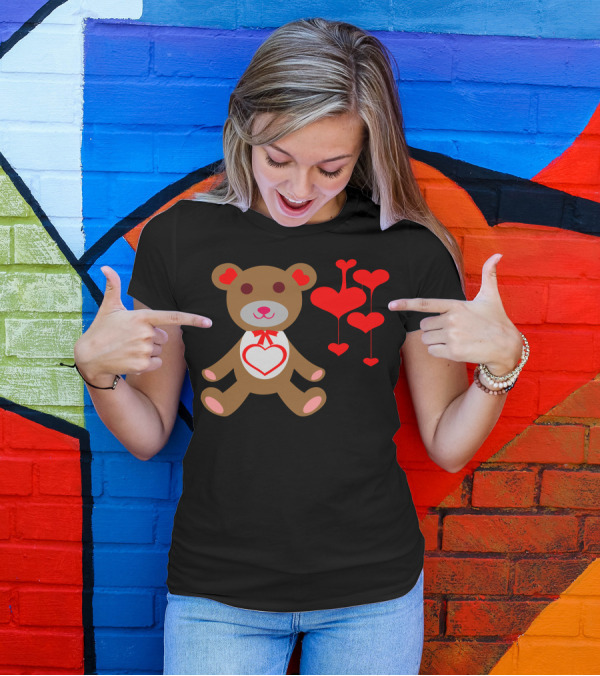 Happy Valentine Day Teddy Bear With Heart Balloons T-Shirt